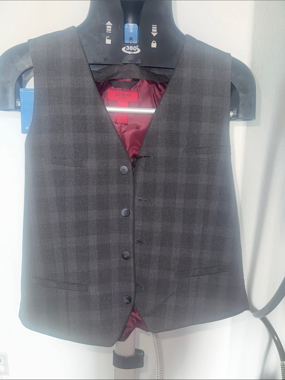 Alfani Men's Dark Charcoal Plaid Dress Vest with Burgundy Lining